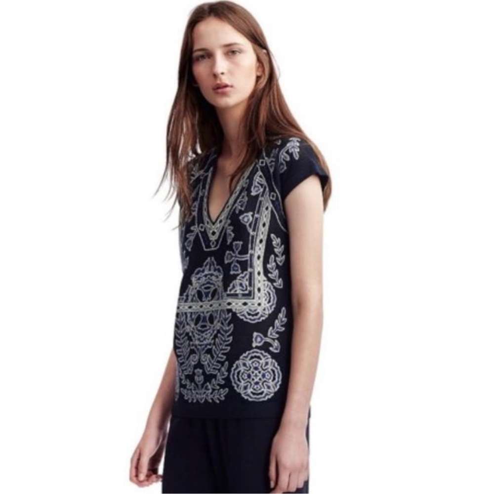 Tory Burch Navy embroidered V-Neck 100% merino vest, Small
